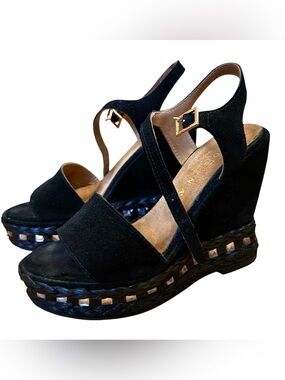 Fiorina Black Suede Wedge Sandals Studded Platform Made in Italy Size 36